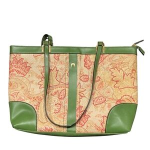 Etienne Aigner Shangri-La Col Print & Green Tote Bag  Floral Canvas & Leather